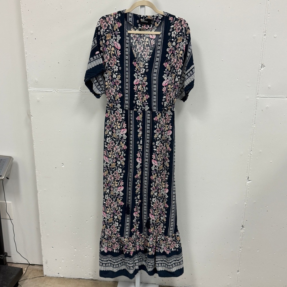 Minkpink Navy Floral Button Front Maxi Dress Boho Tassel Waist Pink Cream Medium